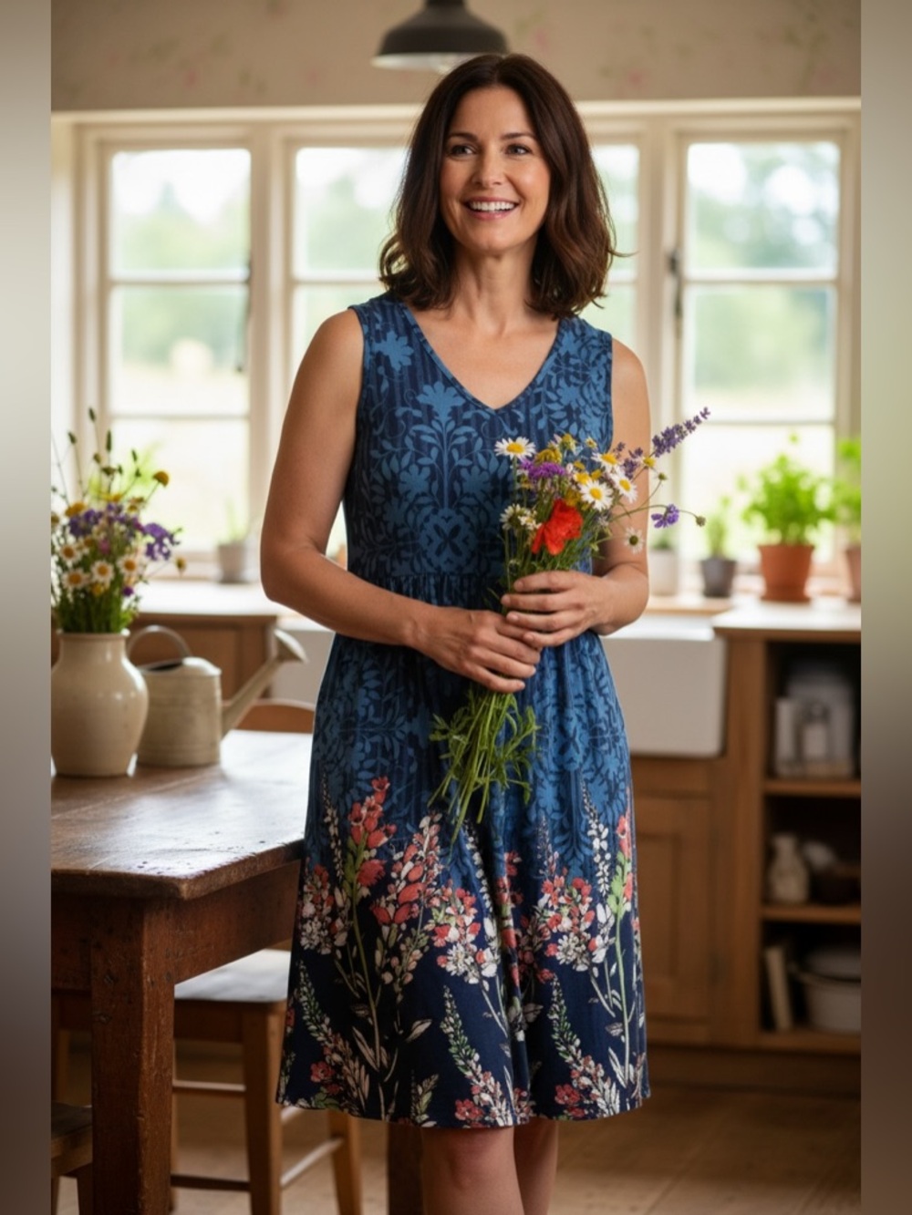 Cottagecore Garden Floral Blue V-Neck Midi Sleeveless Dress with Pockets